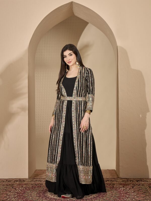 Enigmatic Black Embroidered Faux Georgette Gown with Jacket