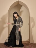 Enigmatic Black Embroidered Faux Georgette Gown with Jacket