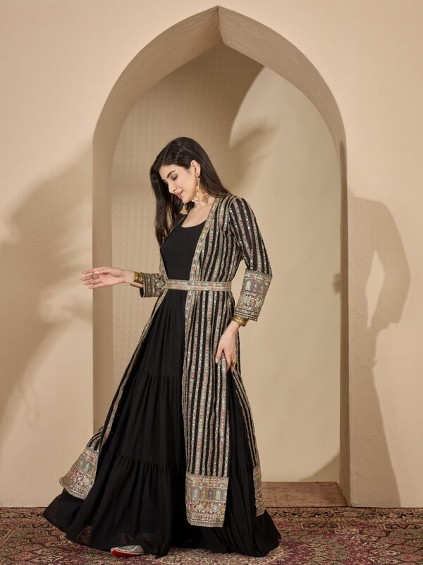 Enigmatic Black Embroidered Faux Georgette Gown with Jacket