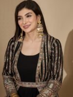 Enigmatic Black Embroidered Faux Georgette Gown with Jacket