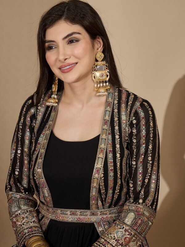 Enigmatic Black Embroidered Faux Georgette Gown with Jacket