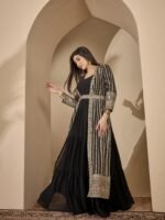 Enigmatic Black Embroidered Faux Georgette Gown with Jacket