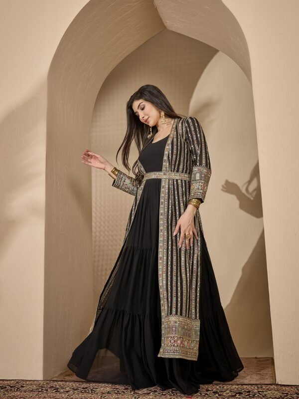 Enigmatic Black Embroidered Faux Georgette Gown with Jacket