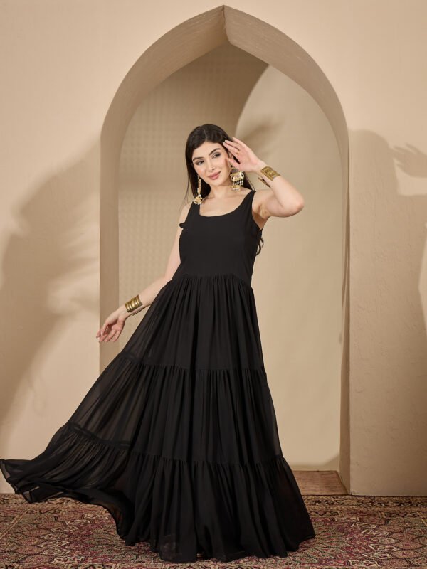 Enigmatic Black Embroidered Faux Georgette Gown with Jacket