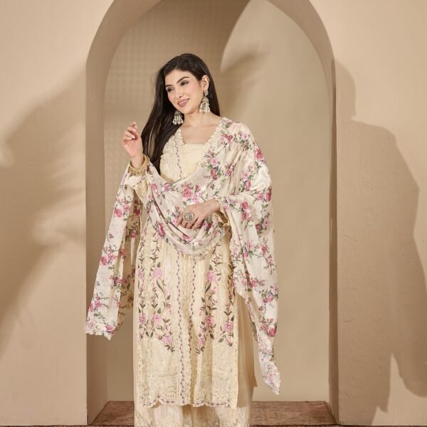 Dreamy Light Blue Floral Embroidered Chinon Kurta Palazzo Set with Dupatta
