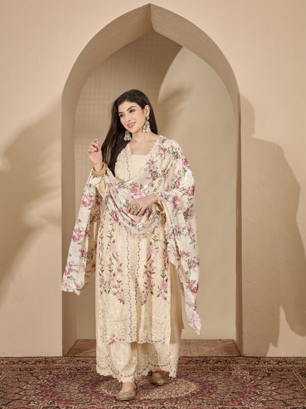 Dreamy Light Blue Floral Embroidered Chinon Kurta Palazzo Set with Dupatta