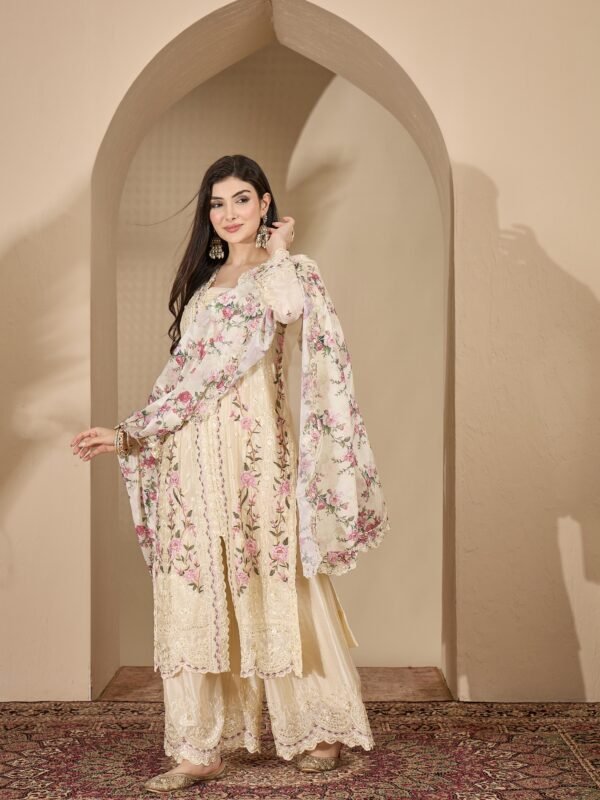 Dreamy Light Blue Floral Embroidered Chinon Kurta Palazzo Set with Dupatta