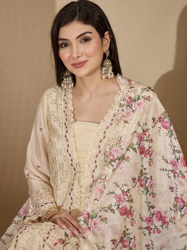 Dreamy Light Blue Floral Embroidered Chinon Kurta Palazzo Set with Dupatta