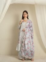 Dreamy Light Blue Floral Embroidered Chinon Kurta Palazzo Set with Dupatta