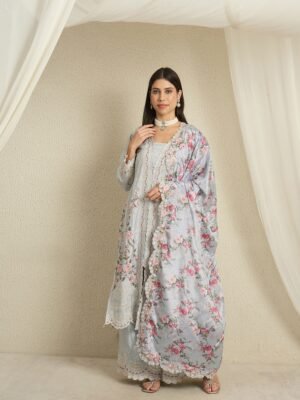 Dreamy Light Blue Floral Embroidered Chinon Kurta Palazzo Set with Dupatta