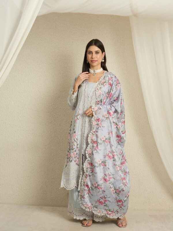 Dreamy Light Blue Floral Embroidered Chinon Kurta Palazzo Set with Dupatta