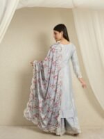 Dreamy Light Blue Floral Embroidered Chinon Kurta Palazzo Set with Dupatta