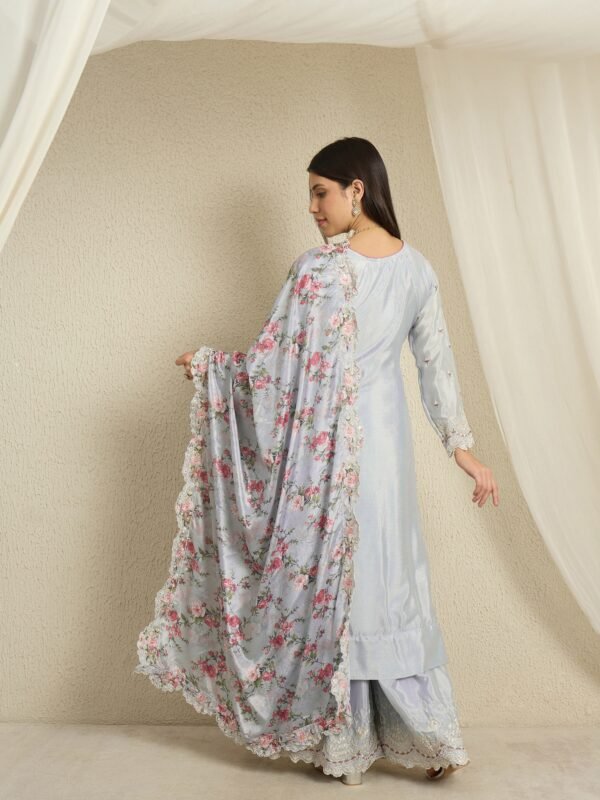 Dreamy Light Blue Floral Embroidered Chinon Kurta Palazzo Set with Dupatta