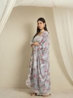 Dreamy Light Blue Floral Embroidered Chinon Kurta Palazzo Set with Dupatta