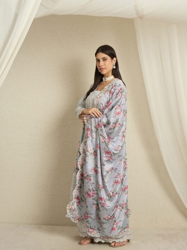 Dreamy Light Blue Floral Embroidered Chinon Kurta Palazzo Set with Dupatta