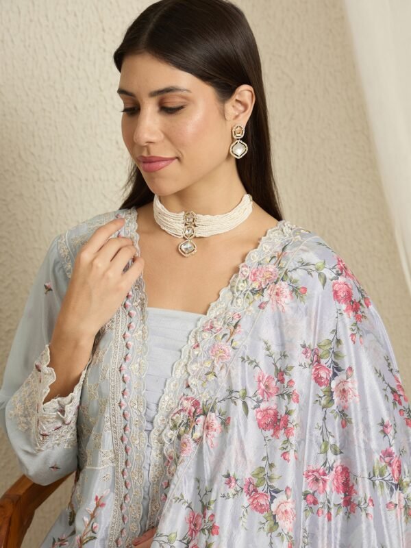 Dreamy Light Blue Floral Embroidered Chinon Kurta Palazzo Set with Dupatta