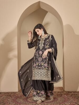 Captivating Black Embroidered Chinon Straight Kurta Palazzo Set with Dupatta