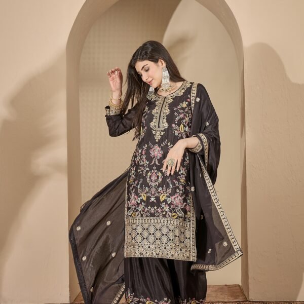 Captivating Black Embroidered Chinon Straight Kurta Palazzo Set with Dupatta