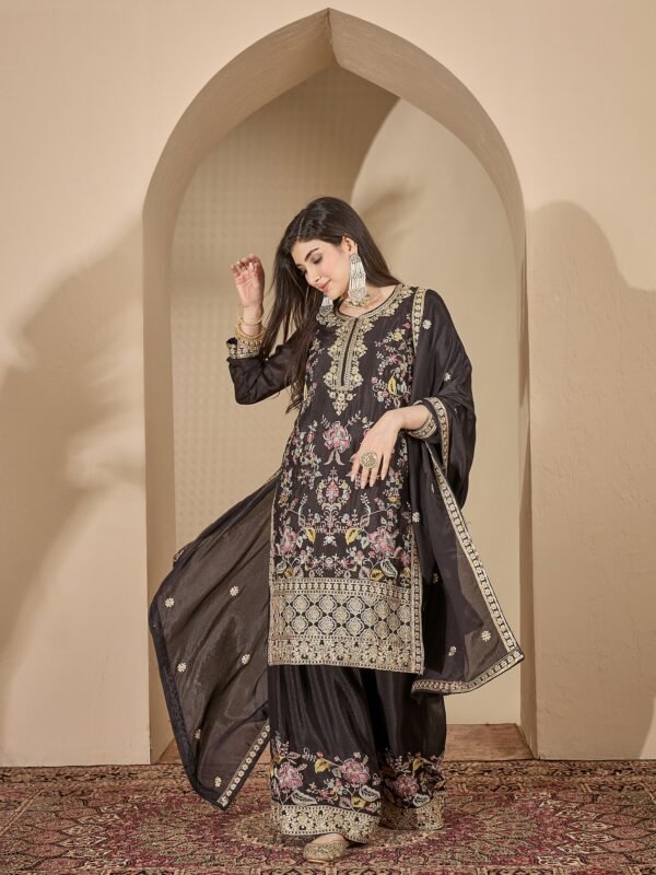 Captivating Black Embroidered Chinon Straight Kurta Palazzo Set with Dupatta
