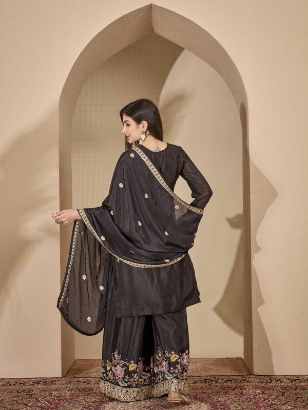 Captivating Black Embroidered Chinon Straight Kurta Palazzo Set with Dupatta
