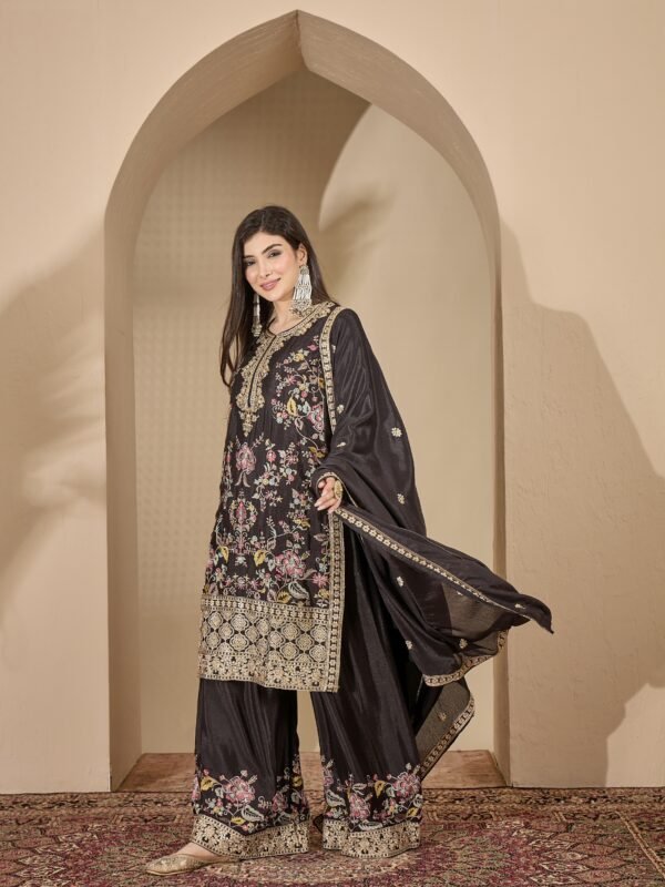 Captivating Black Embroidered Chinon Straight Kurta Palazzo Set with Dupatta