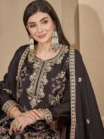 Captivating Black Embroidered Chinon Straight Kurta Palazzo Set with Dupatta