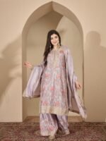 Sophisticated Grey Floral Embroidered Chinon Kurta Palazzo Set with Dupatta