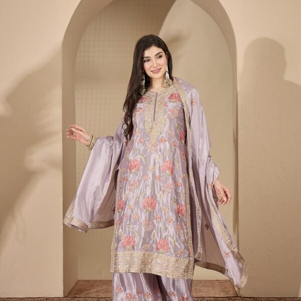 Sophisticated Grey Floral Embroidered Chinon Kurta Palazzo Set with Dupatta