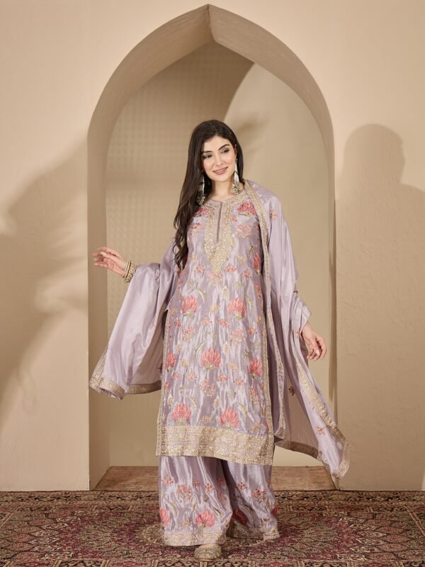 Sophisticated Grey Floral Embroidered Chinon Kurta Palazzo Set with Dupatta