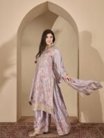 Sophisticated Grey Floral Embroidered Chinon Kurta Palazzo Set with Dupatta