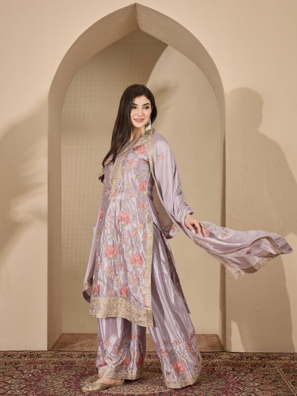 Sophisticated Grey Floral Embroidered Chinon Kurta Palazzo Set with Dupatta