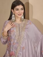 Sophisticated Grey Floral Embroidered Chinon Kurta Palazzo Set with Dupatta