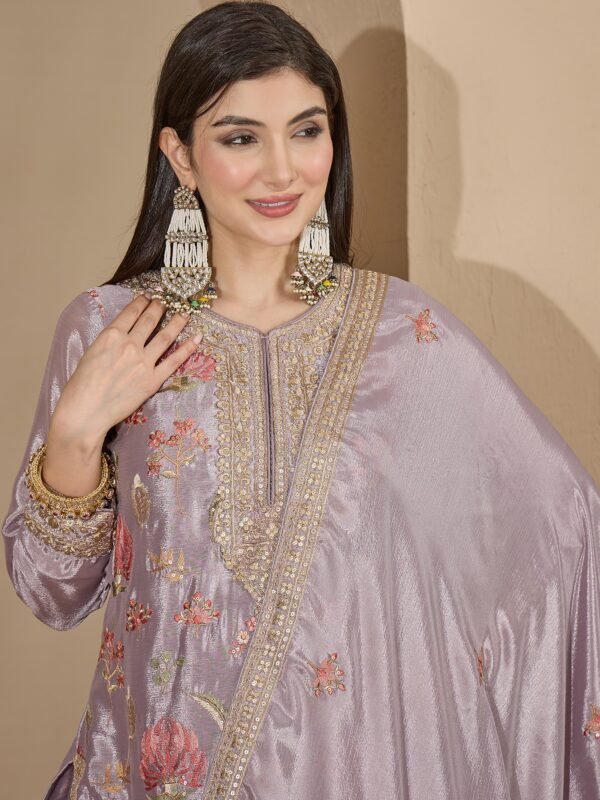 Sophisticated Grey Floral Embroidered Chinon Kurta Palazzo Set with Dupatta