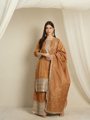 Lustrous Brown Embroidered Organza Straight Kurta Palazzo Set with Dupatta