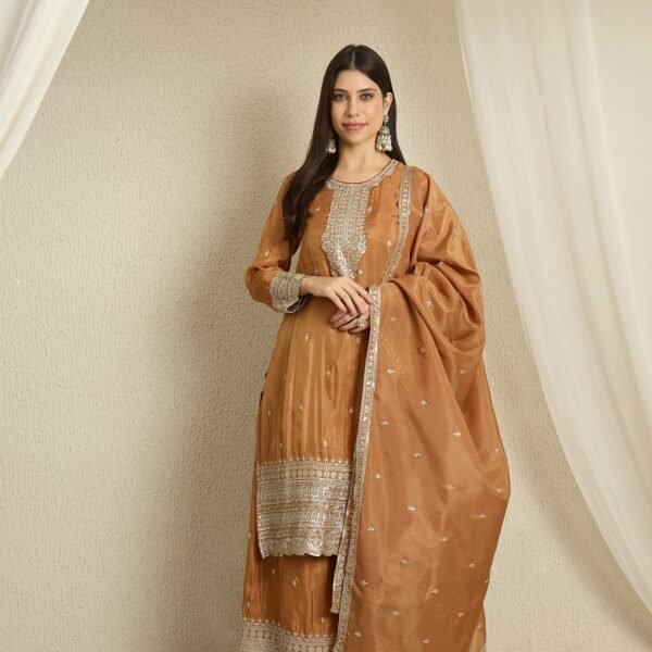 Lustrous Brown Embroidered Organza Straight Kurta Palazzo Set with Dupatta