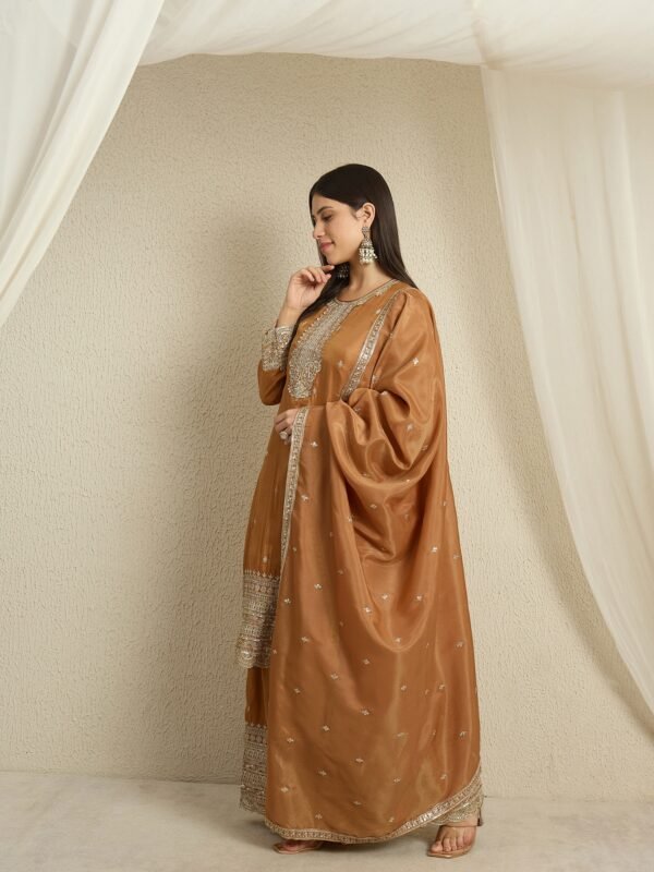 Lustrous Brown Embroidered Organza Straight Kurta Palazzo Set with Dupatta