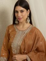 Lustrous Brown Embroidered Organza Straight Kurta Palazzo Set with Dupatta