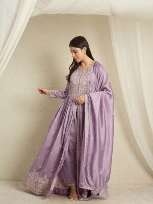 Luminous Light Purple Embroidered Vichitra Silk Anarkali Palazzo Set