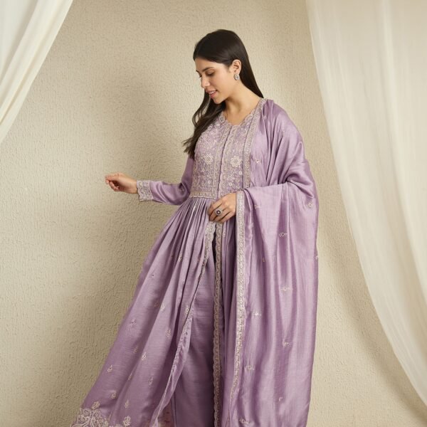 Luminous Light Purple Embroidered Vichitra Silk Anarkali Palazzo Set