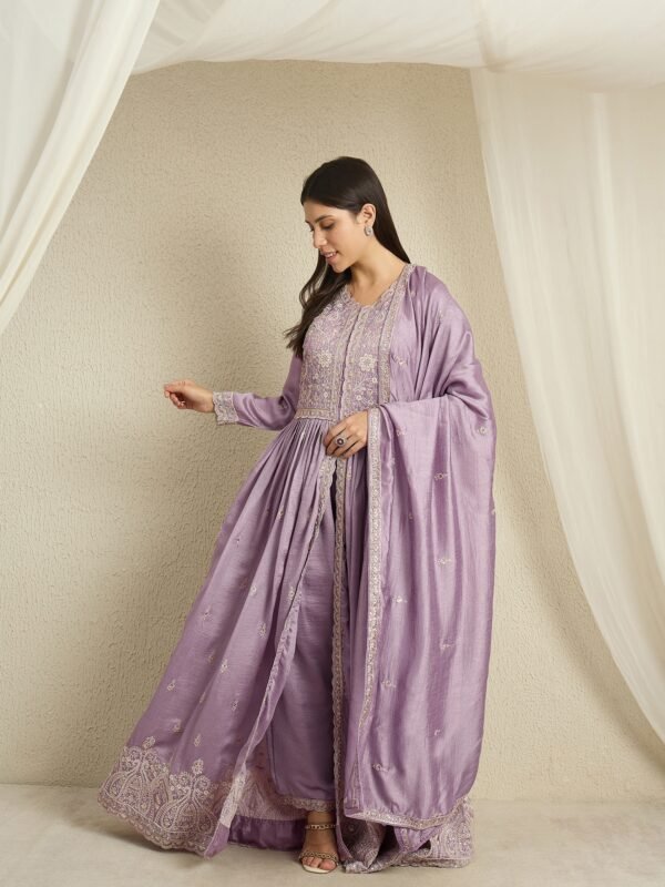 Luminous Light Purple Embroidered Vichitra Silk Anarkali Palazzo Set