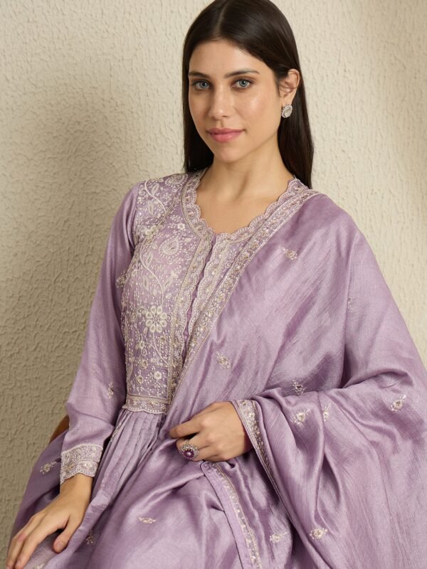 Luminous Light Purple Embroidered Vichitra Silk Anarkali Palazzo Set