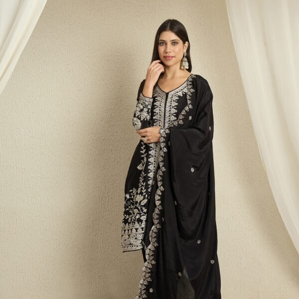 Captivating Black Embroidered Chinon Kurta Palazzo Set