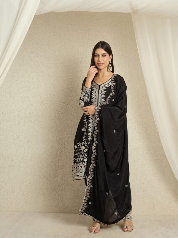 Captivating Black Embroidered Chinon Kurta Palazzo Set