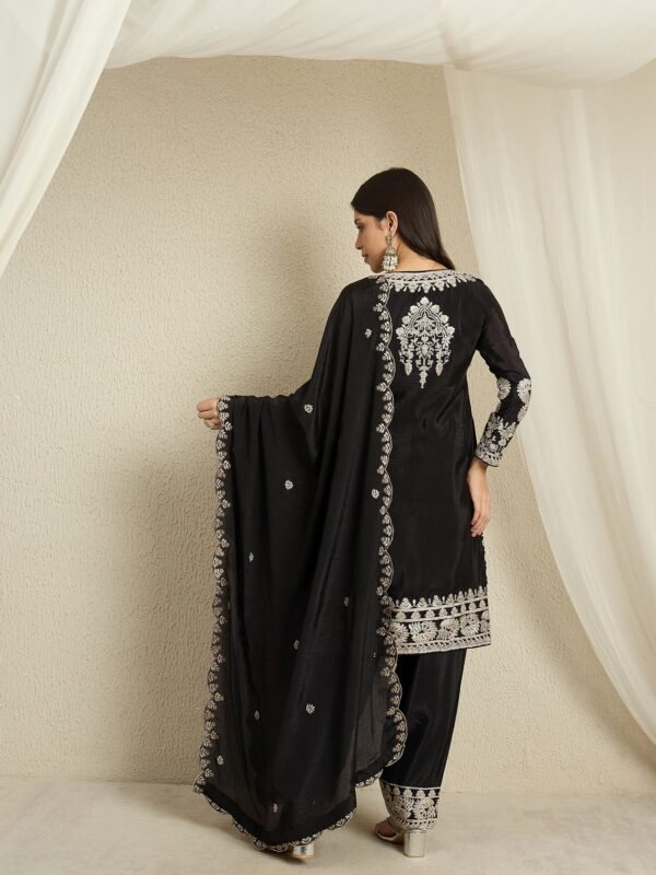 Captivating Black Embroidered Chinon Kurta Palazzo Set