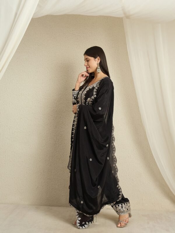 Captivating Black Embroidered Chinon Kurta Palazzo Set