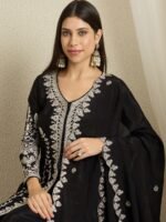 Captivating Black Embroidered Chinon Kurta Palazzo Set