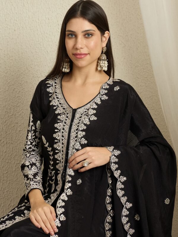 Captivating Black Embroidered Chinon Kurta Palazzo Set