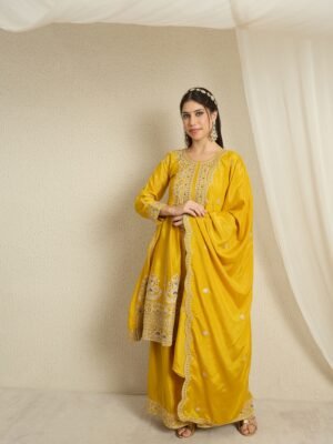 Elegant Yellow Chinon Embroidered Anarkali Kurta Palazzo Set