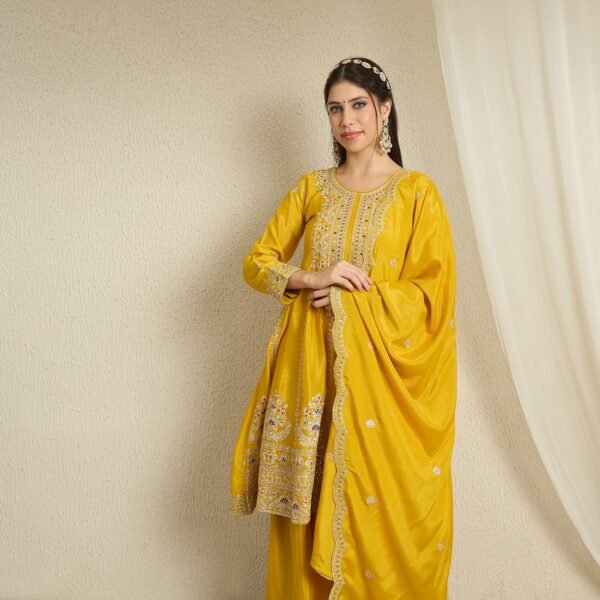 Elegant Yellow Chinon Embroidered Anarkali Kurta Palazzo Set