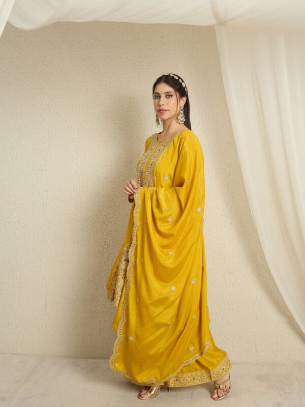 Elegant Yellow Chinon Embroidered Anarkali Kurta Palazzo Set